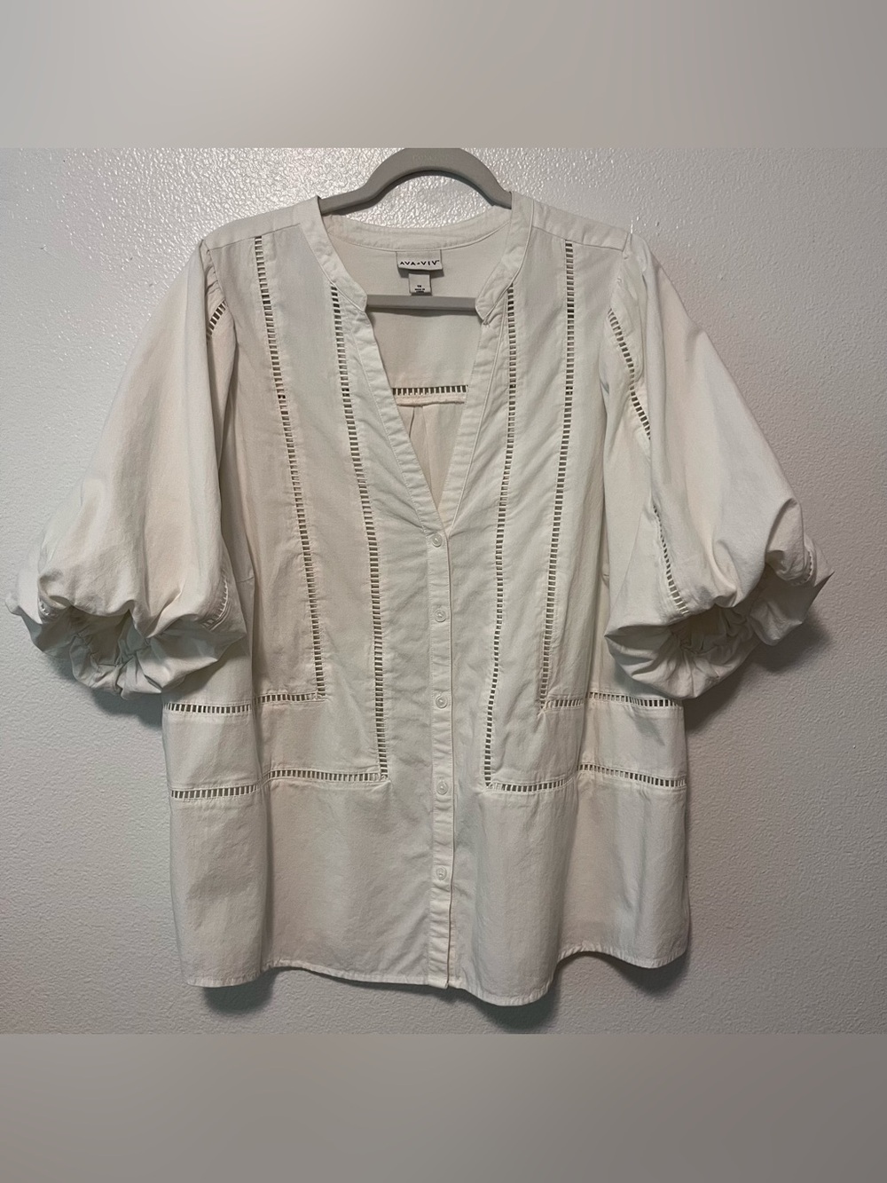 Ava & Viv 100% Cotton White Button-Front Blouse with Puff Balloon Sleeves